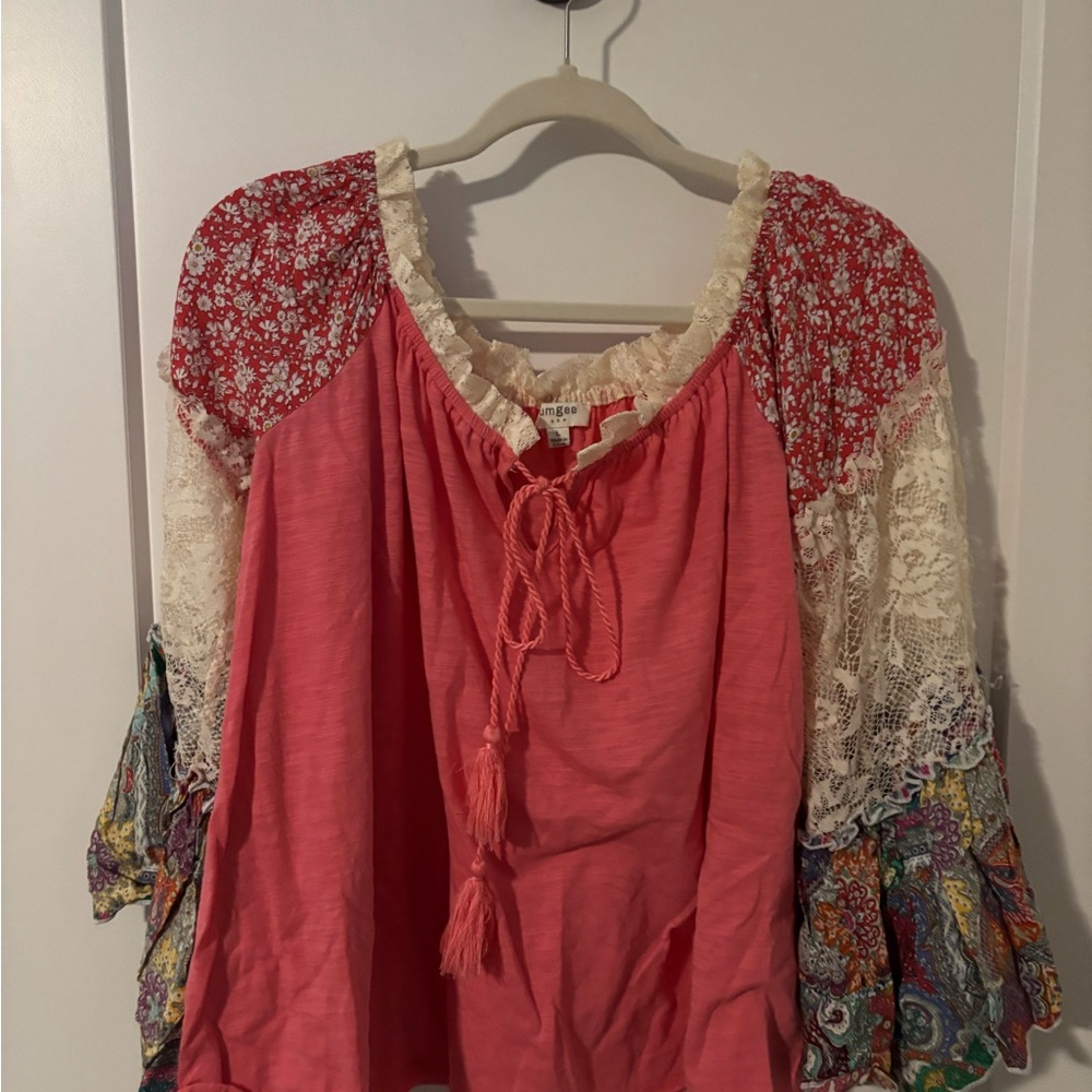 Umgee Pink and Red Floral Lace Blouse